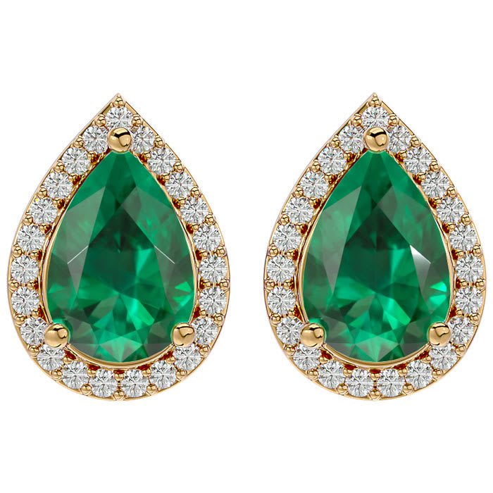 2 1/2 Carat Emerald and Diamond Pear Shape Stud Earrings In 14 Karat Yellow Gold 