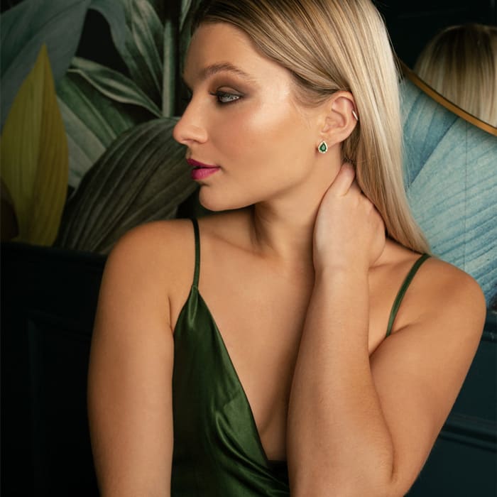 2 1/2 Carat Emerald and Diamond Pear Shape Stud Earrings In 14 Karat Yellow Gold 