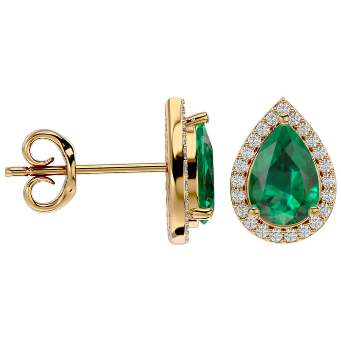 2 1/2 Carat Emerald and Diamond Pear Shape Stud Earrings In 14 Karat Yellow Gold 