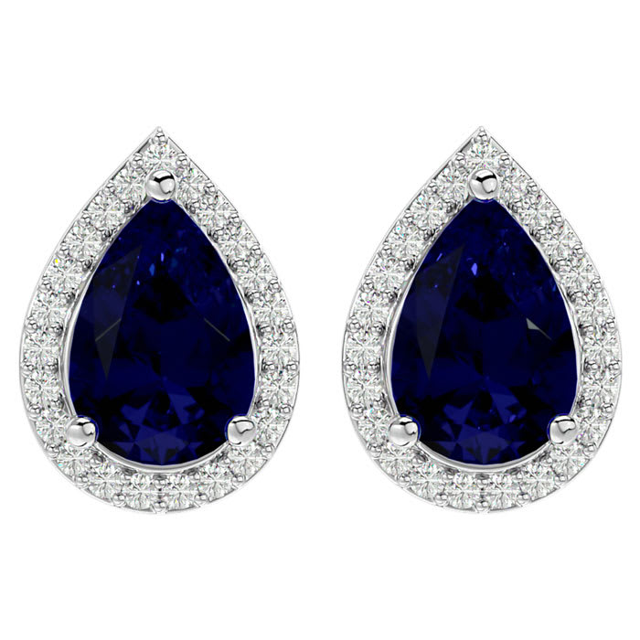 3 1/2 Carat Sapphire and Diamond Pear Shape Stud Earrings In 14 Karat White Gold 