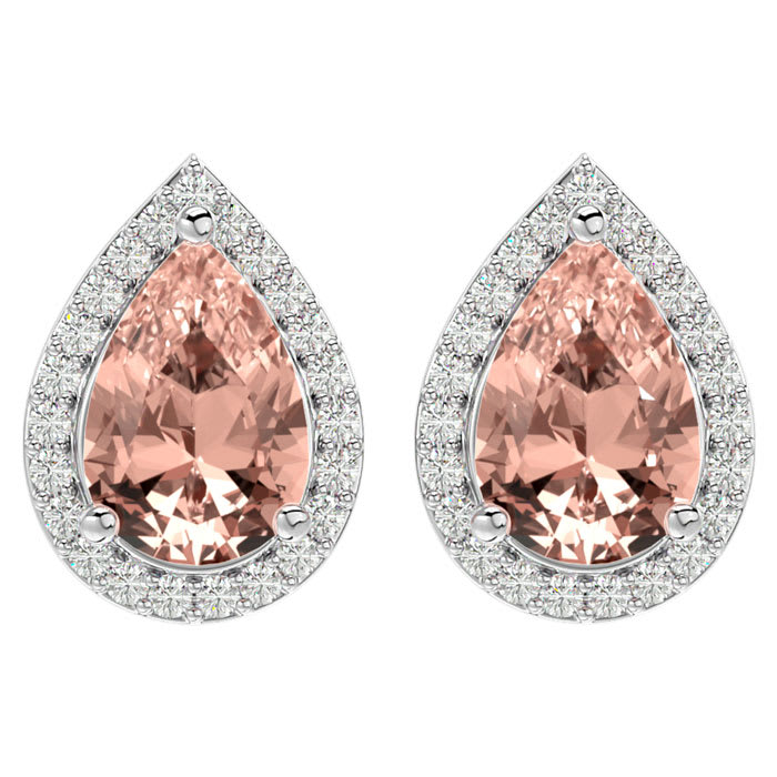 2-1/2 Carat Pear Shape Morganite Earrings with Diamond Halo In 14 Karat White Gold 