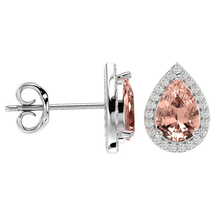 2-1/2 Carat Pear Shape Morganite Earrings with Diamond Halo In 14 Karat White Gold 