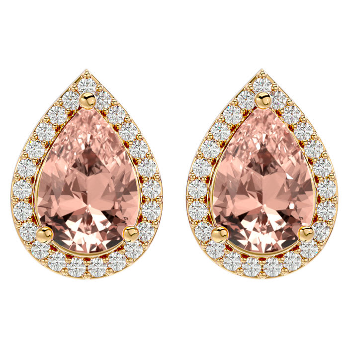 2-1/2 Carat Pear Shape Morganite Earrings with Diamond Halo In 14 Karat Yellow Gold 