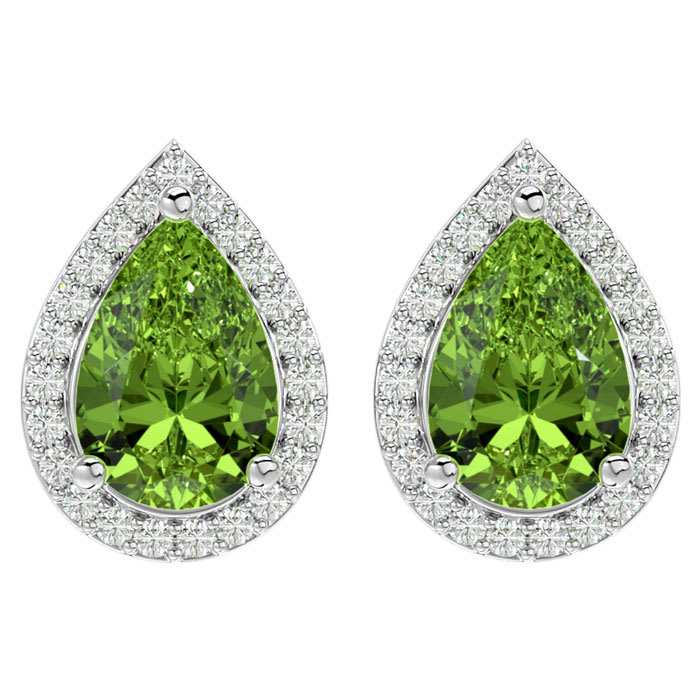 2.85 Carat Peridot and Diamond Pear Shape Stud Earrings In 14 Karat White Gold 