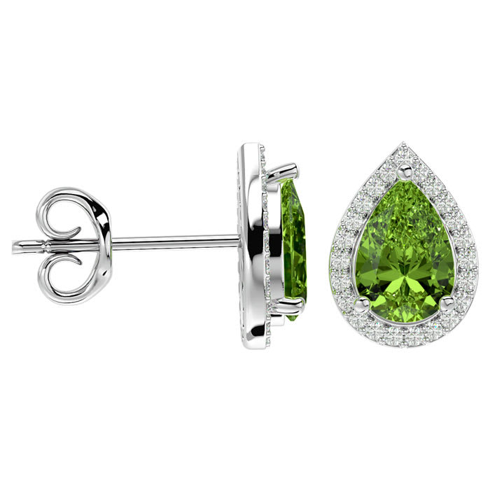 2.85 Carat Peridot and Diamond Pear Shape Stud Earrings In 14 Karat White Gold 