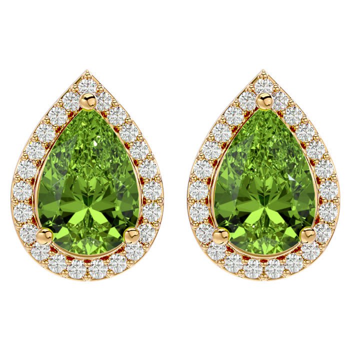 2.85 Carat Peridot and Diamond Pear Shape Stud Earrings In 14 Karat Yellow Gold 