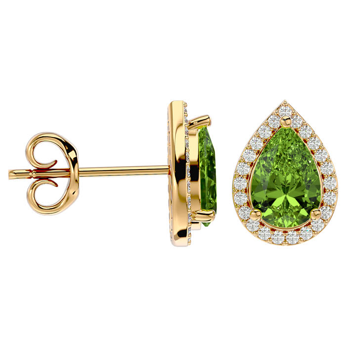 2.85 Carat Peridot and Diamond Pear Shape Stud Earrings In 14 Karat Yellow Gold 