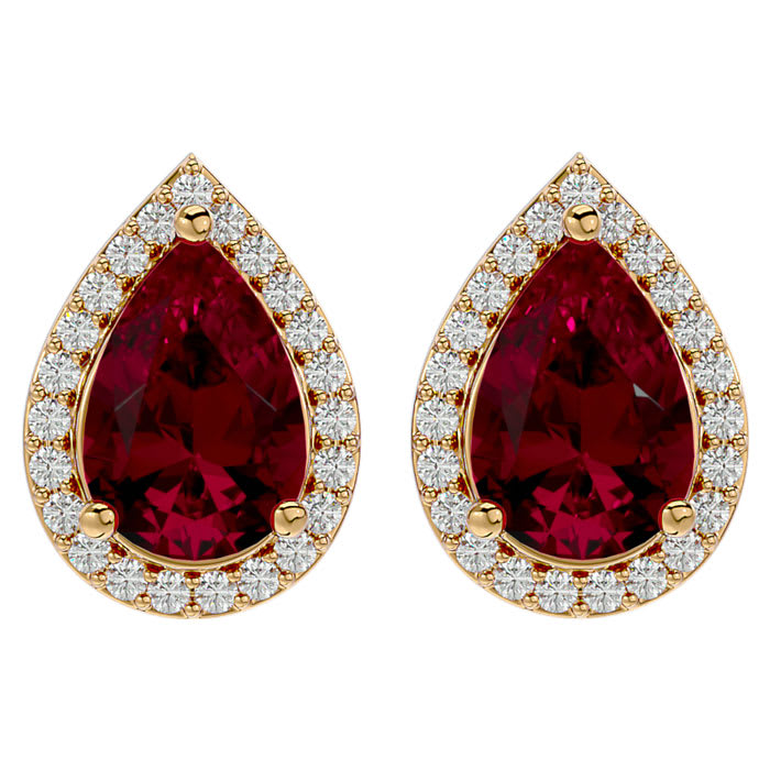 3 1/3 Carat Ruby and Diamond Pear Shape Stud Earrings In 14 Karat Yellow Gold 