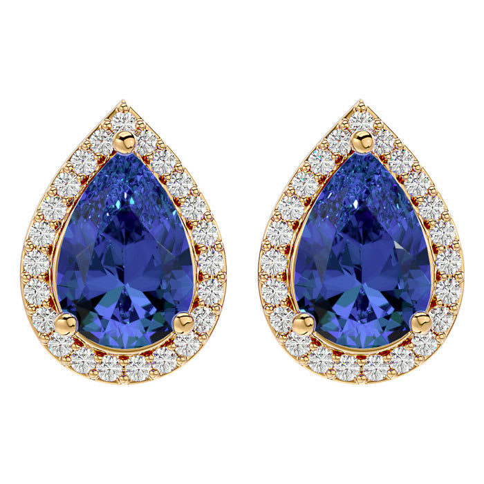 2 3/4 Carat Tanzanite and Diamond Pear Shape Stud Earrings In 14 Karat Yellow Gold 