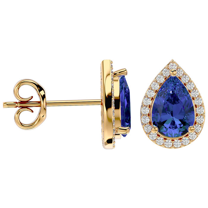 2 3/4 Carat Tanzanite and Diamond Pear Shape Stud Earrings In 14 Karat Yellow Gold 