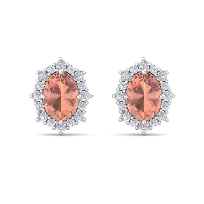2 Carat Oval Shape Morganite Earrings with Diamond Halo In 14K White Gold