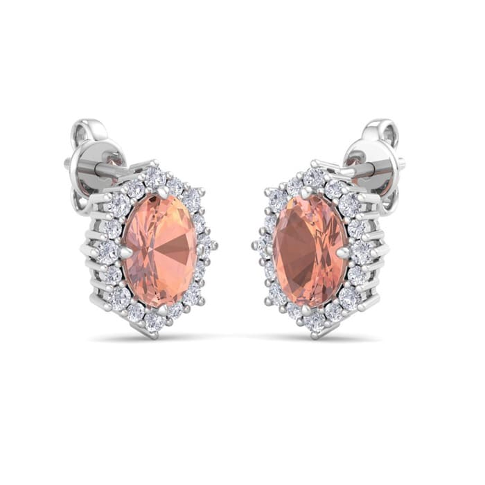 2 Carat Oval Shape Morganite Earrings with Diamond Halo In 14K White Gold