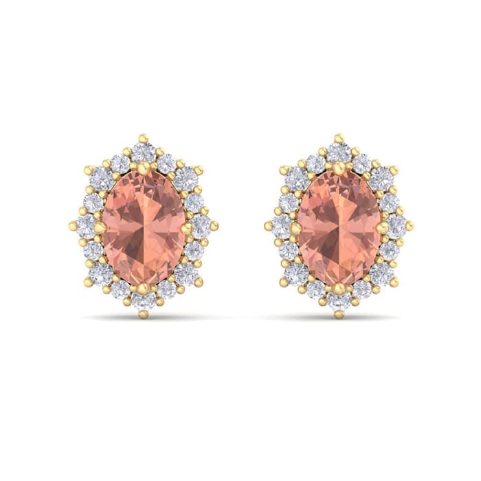 2 Carat Oval Shape Morganite Earrings with Diamond Halo In 14K Yellow Gold