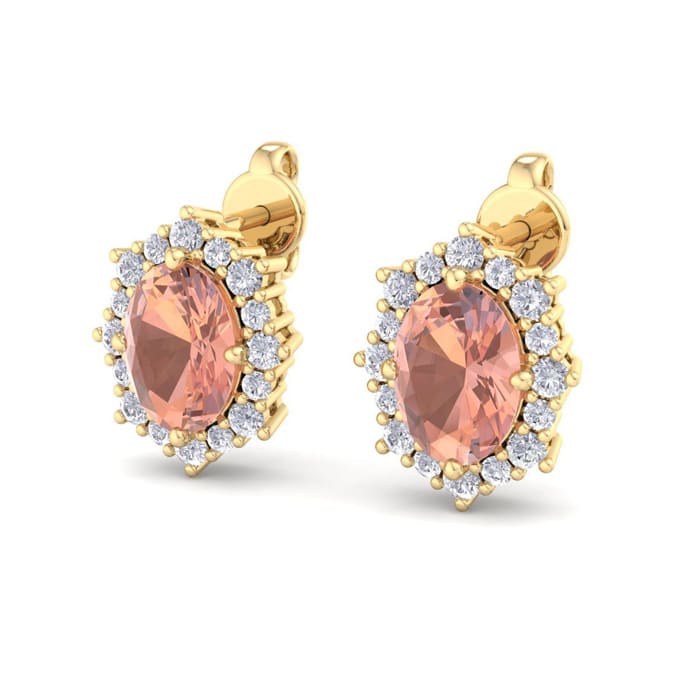 2 Carat Oval Shape Morganite Earrings with Diamond Halo In 14K Yellow Gold