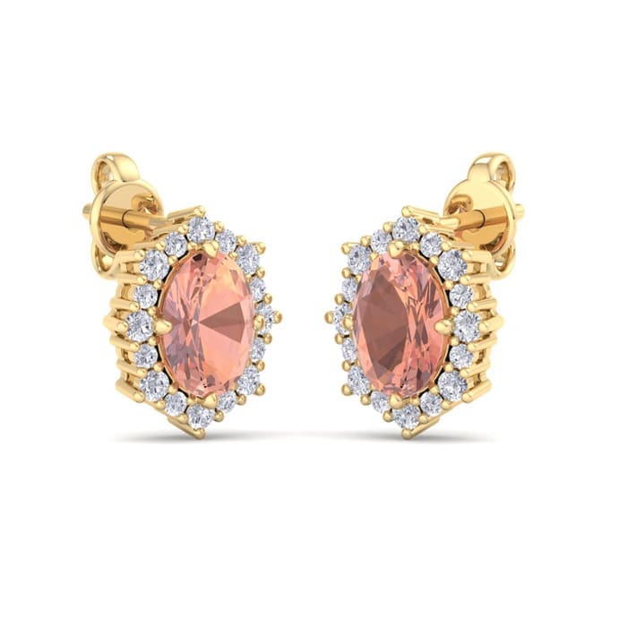2 Carat Oval Shape Morganite Earrings with Diamond Halo In 14K Yellow Gold