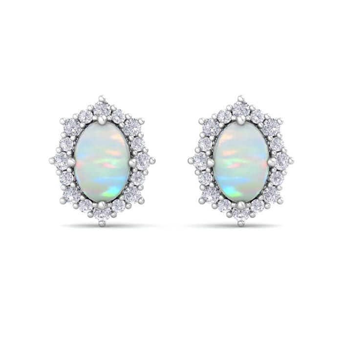 2 Carat Oval Shape Opal and Diamond Earrings In 14K White Gold