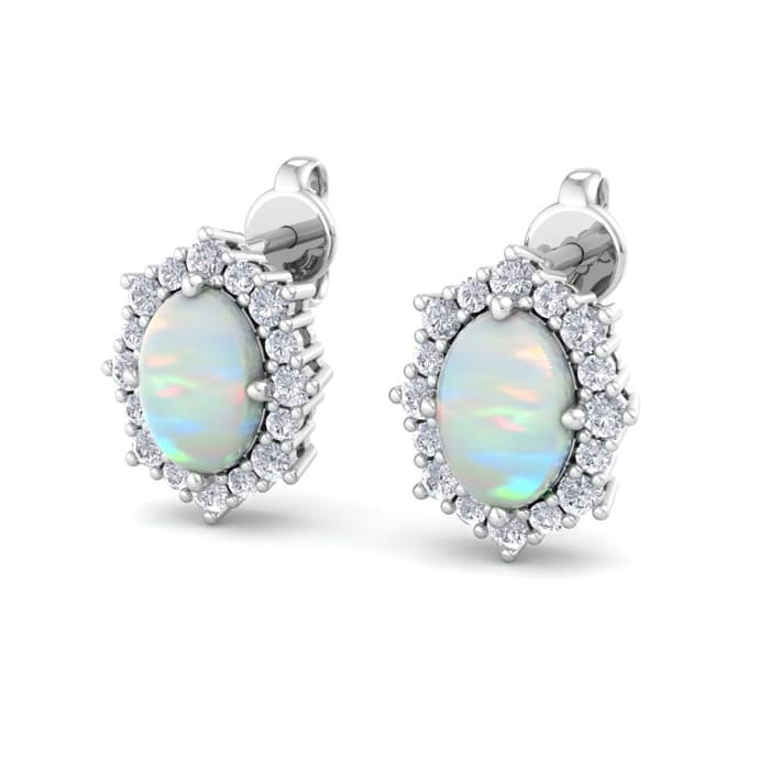 2 Carat Oval Shape Opal and Diamond Earrings In 14K White Gold