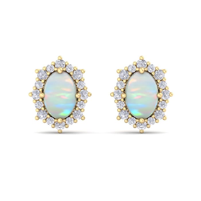 2 Carat Oval Shape Opal and Diamond Earrings In 14K Yellow Gold