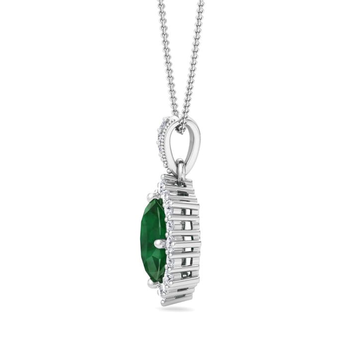 1-1/3 Carat Oval Shape Emerald Necklaces With Diamond Halo In 14 Karat White Gold, 18 Inch Chain
