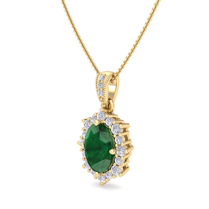 1-1/3 Carat Oval Shape Emerald Necklaces With Diamond Halo In 14 Karat Yellow Gold, 18 Inch Chain