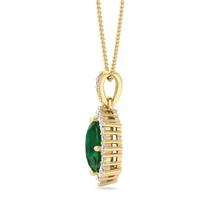 1-1/3 Carat Oval Shape Emerald Necklaces With Diamond Halo In 14 Karat Yellow Gold, 18 Inch Chain