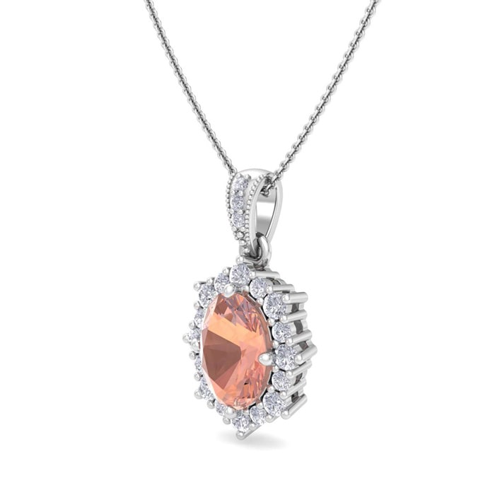 1-1/3 Carat Oval Shape Morganite Necklace With Fancy Diamond Halo In 14K White Gold With 18 Inch Chain