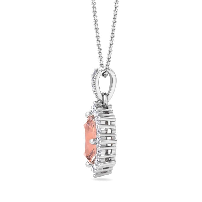 1-1/3 Carat Oval Shape Morganite Necklace With Fancy Diamond Halo In 14K White Gold With 18 Inch Chain