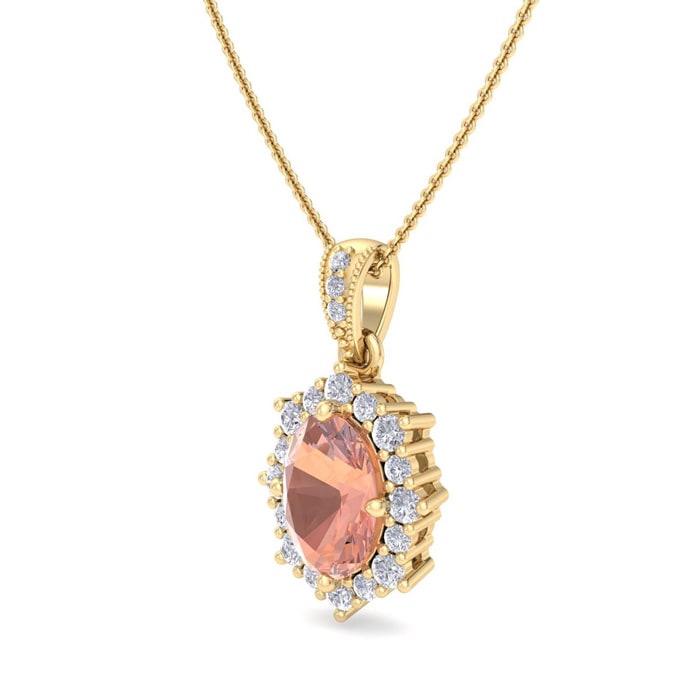 1-1/3 Carat Oval Shape Morganite Necklace With Fancy Diamond Halo In 14K Yellow Gold With 18 Inch Chain