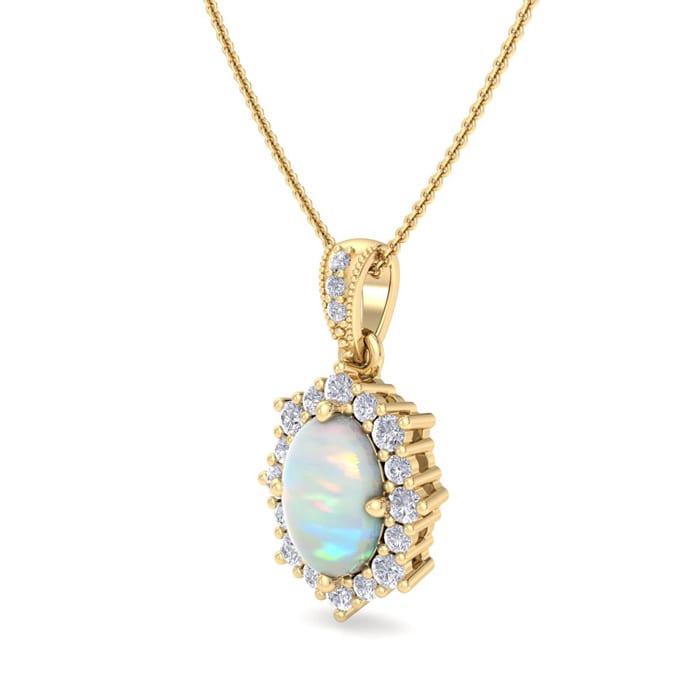 1-1/3 Carat Oval Shape Opal and Diamond Necklace In 14K Yellow Gold