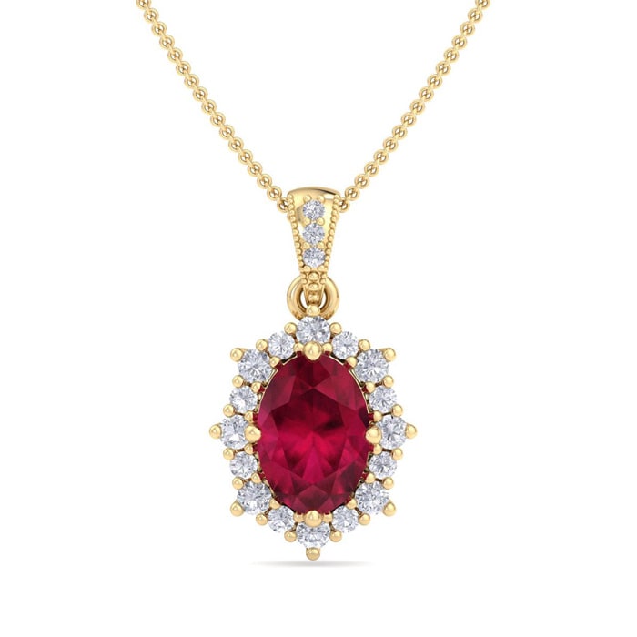 Retrograde Birthstones 1 3 4 Carat Oval Shape Ruby and Diamond Necklace In 14K Yellow Gold