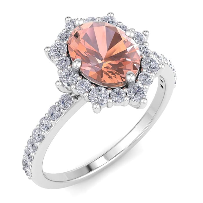 1-1/2 Carat Oval Shape Morganite and Diamond Ring In 14K White Gold