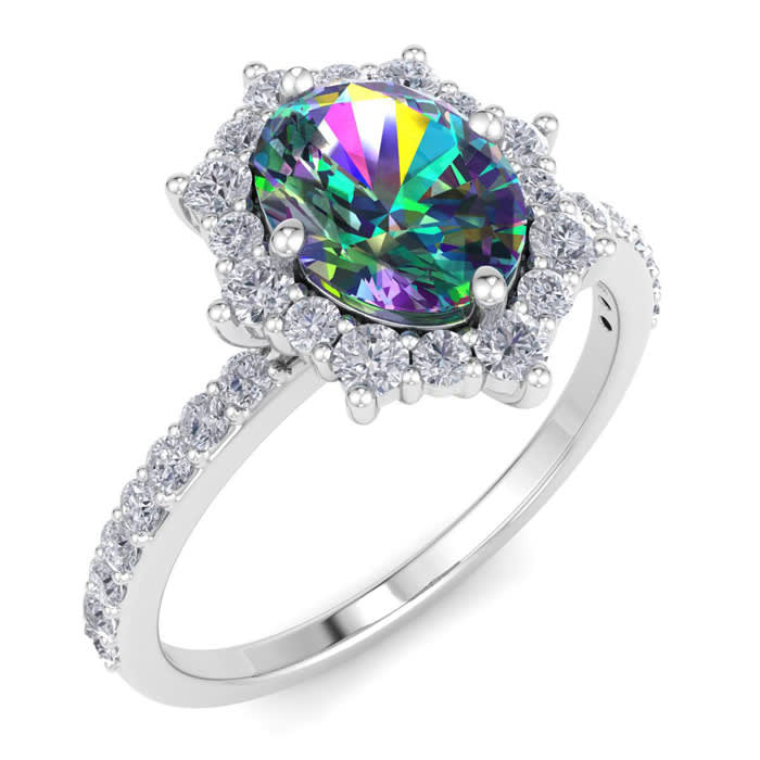 2 Carat Oval Shape Mystic Topaz Ring With Diamond Halo In 14 Karat White Gold