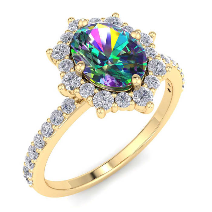 2 Carat Oval Shape Mystic Topaz Ring With Diamond Halo In 14 Karat Yellow Gold