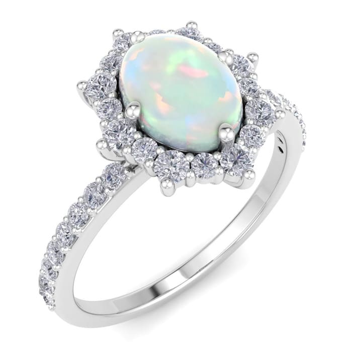 1-1/2 Carat Oval Shape Opal Ring and Diamond Halo In 14K White Gold