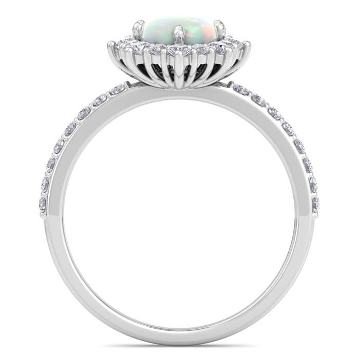 1-1/2 Carat Oval Shape Opal Ring and Diamond Halo In 14K White Gold