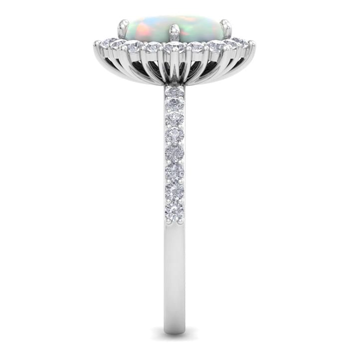 1-1/2 Carat Oval Shape Opal Ring and Diamond Halo In 14K White Gold