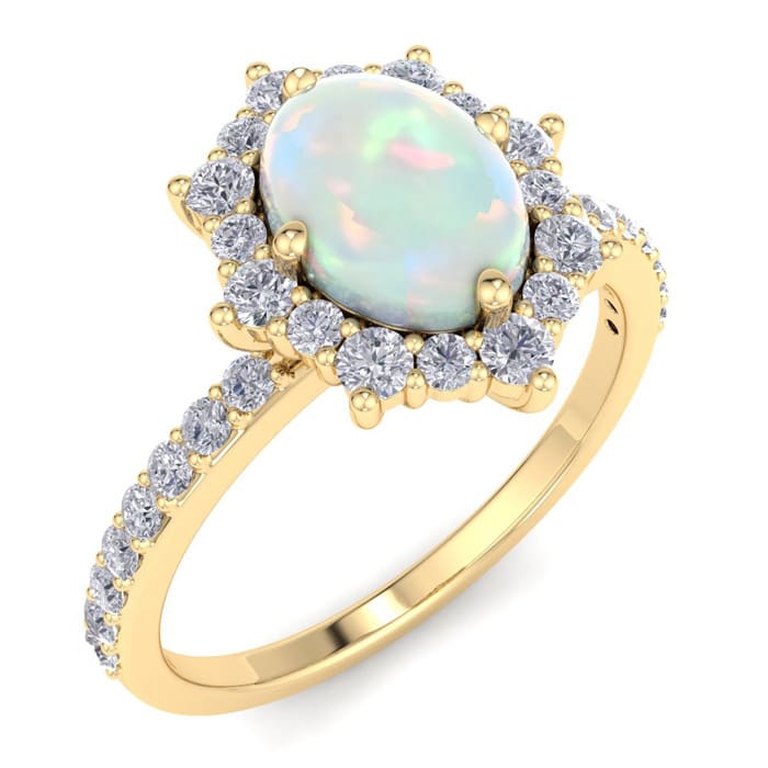1-1/2 Carat Oval Shape Opal Ring and Diamond Halo In 14K Yellow Gold