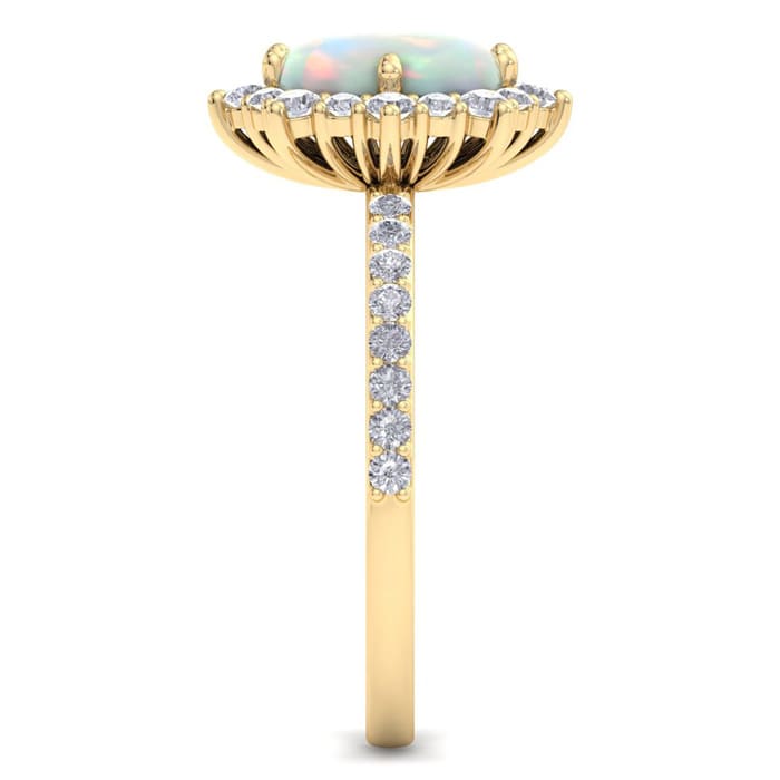 1-1/2 Carat Oval Shape Opal Ring and Diamond Halo In 14K Yellow Gold