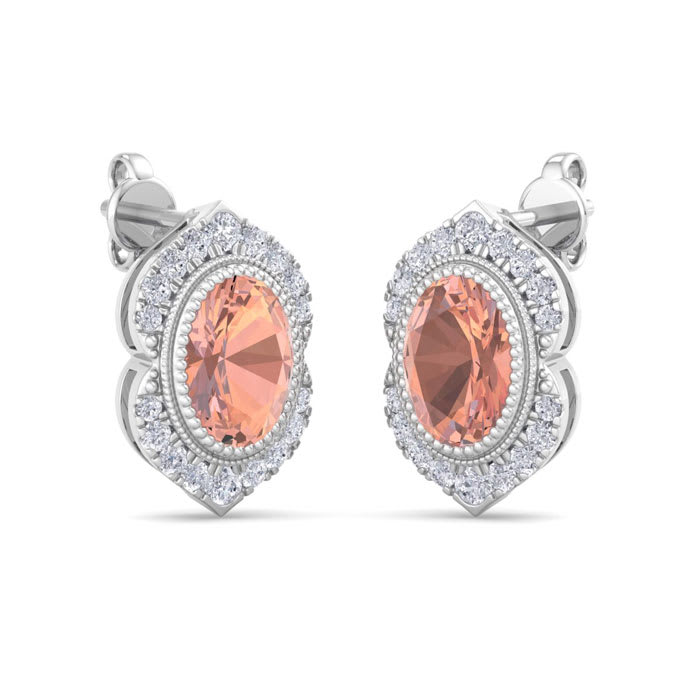 2 Carat Oval Shape Morganite Earrings with Fancy Diamond Halo In 14K White Gold