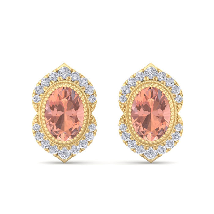2 Carat Oval Shape Morganite Earrings with Fancy Diamond Halo In 14K Yellow Gold