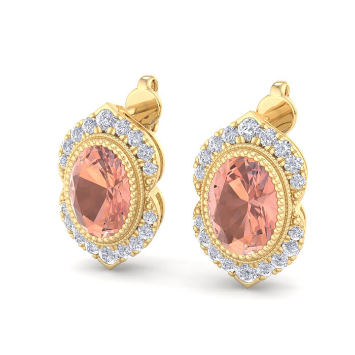 2 Carat Oval Shape Morganite Earrings with Fancy Diamond Halo In 14K Yellow Gold