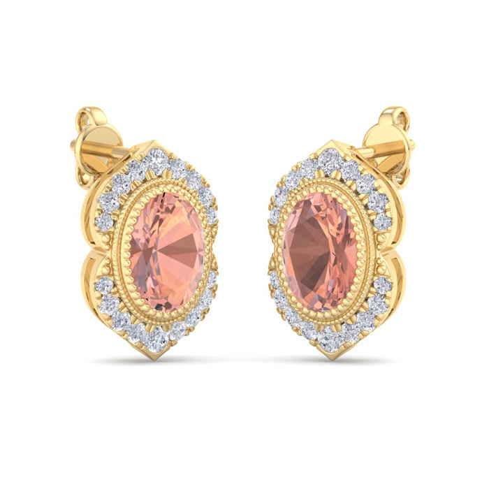 2 Carat Oval Shape Morganite Earrings with Fancy Diamond Halo In 14K Yellow Gold