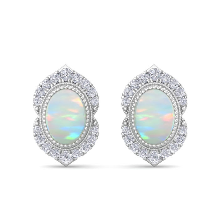 2 Carat Oval Shape Opal and Diamond Earrings In 14K White Gold