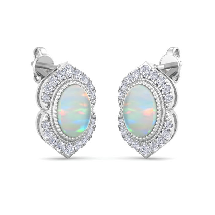2 Carat Oval Shape Opal and Diamond Earrings In 14K White Gold