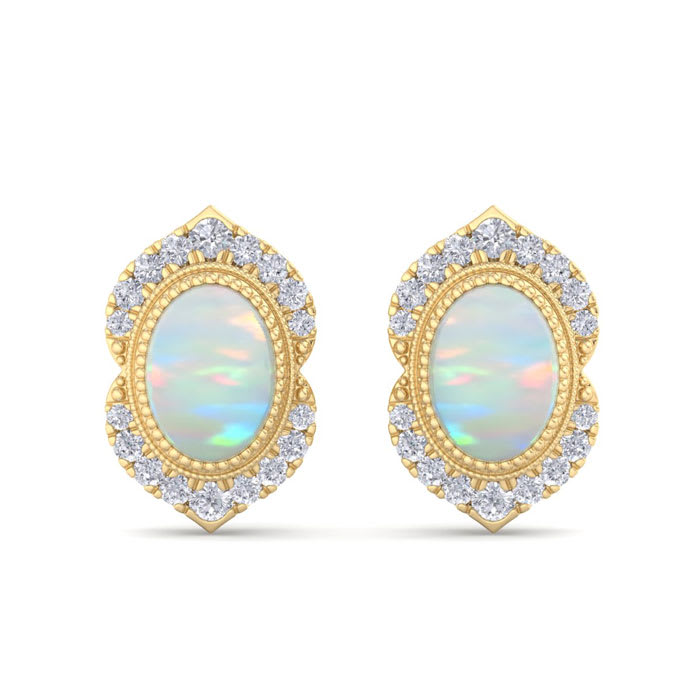 2 Carat Oval Shape Opal and Diamond Earrings In 14K Yellow Gold