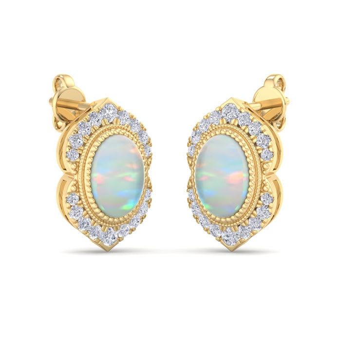 2 Carat Oval Shape Opal and Diamond Earrings In 14K Yellow Gold