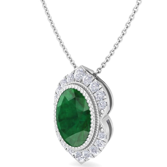 1-1/5 Carat Oval Shape Emerald Necklaces With Diamond Halo In 14 Karat White Gold, 18 Inch Chain