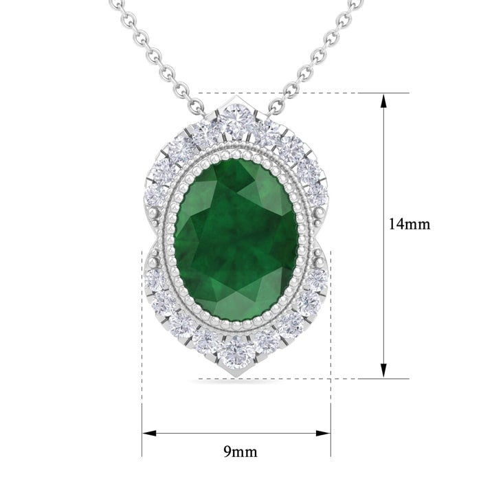 1-1/5 Carat Oval Shape Emerald Necklaces With Diamond Halo In 14 Karat White Gold, 18 Inch Chain