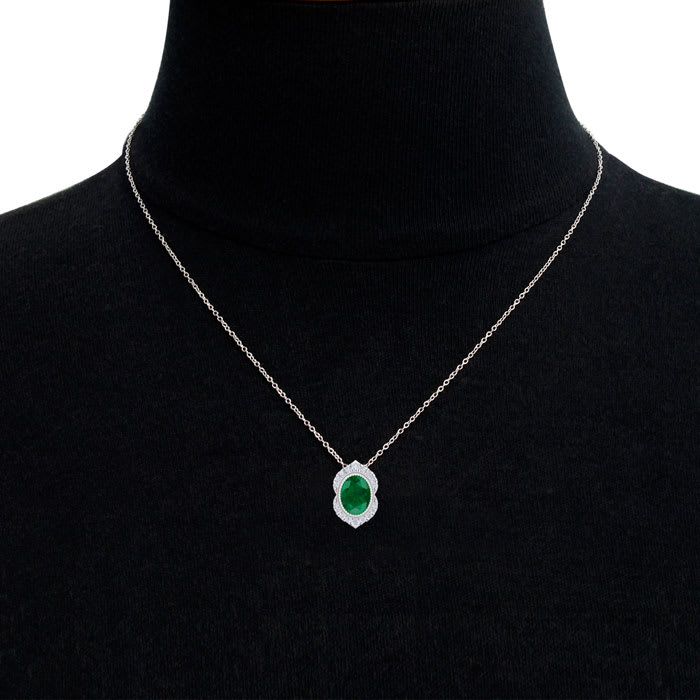1-1/5 Carat Oval Shape Emerald Necklaces With Diamond Halo In 14 Karat White Gold, 18 Inch Chain