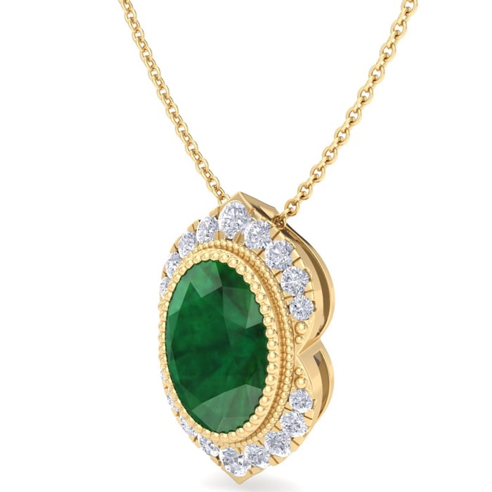 1-1/5 Carat Oval Shape Emerald Necklaces With Diamond Halo In 14 Karat Yellow Gold, 18 Inch Chain